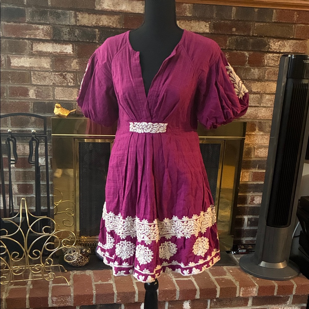 Anthropologie Magenta and Cream Embroidered Mini Dress